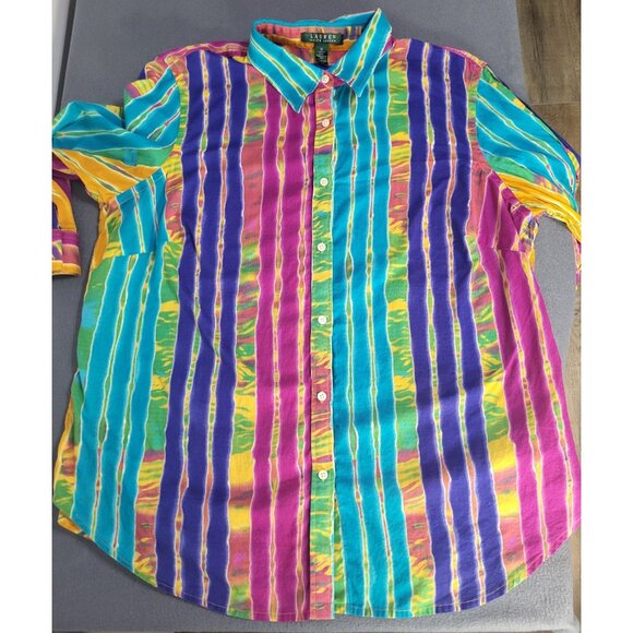 LAUREN RALPH LAUREN Women's 1X Stripe Colorful Button Up Blouse Cotton Artsy - Picture 3 of 7
